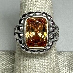 Stunning Large Topaz Citrine Glass Princess Cut Silver Plated Silver Ring